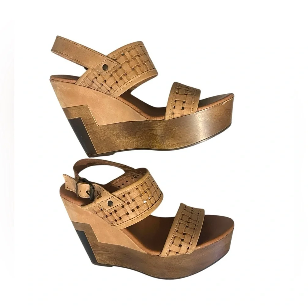 Musse & Cloud Platform Wedge Heel Tan leather Colorblock Sandals Sz 38 US 7/7.5 - Picture 3 of 11